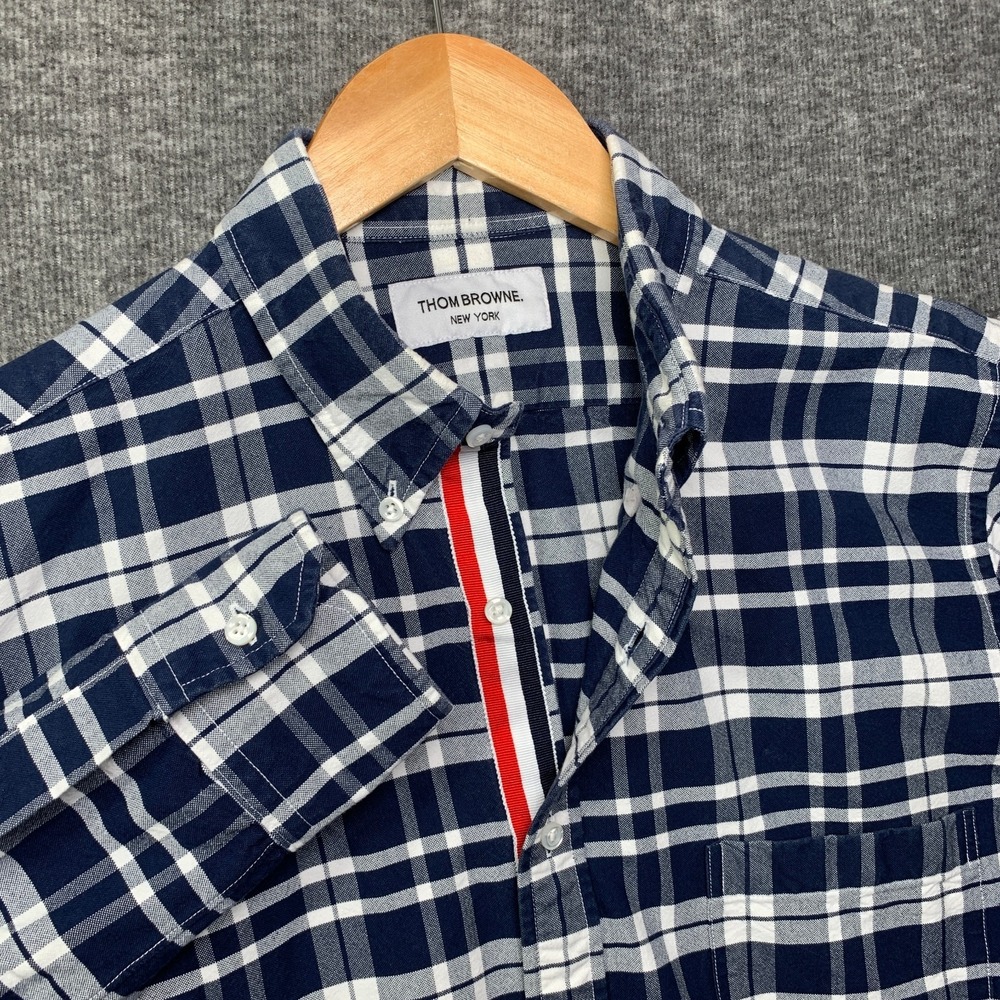 Thom Browne Navy & White Plaid Button-Down with Red Accent